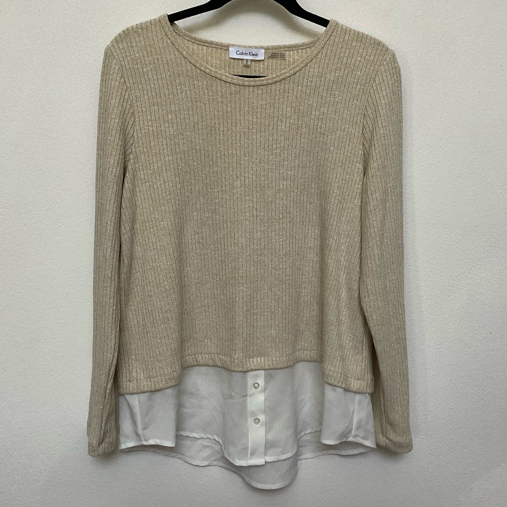 Calvin Klein Sparkley Gold Lomg Sleeve Layered Top Size Medium Career Work
